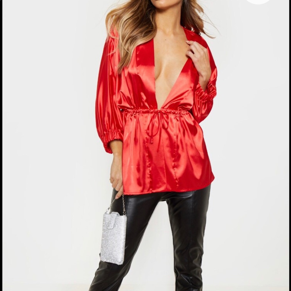 Pretty Little Thing Red Plunge Tie Waist Blouse